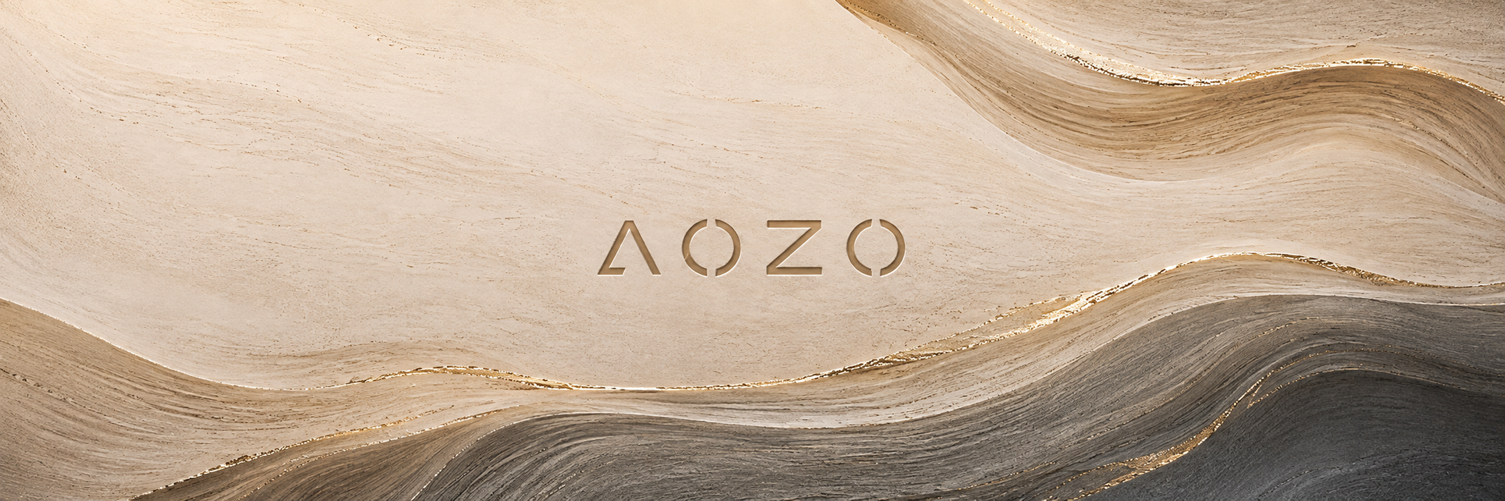 AOZO wordmark surrounded by flowing sandstone layers and fine gold veins